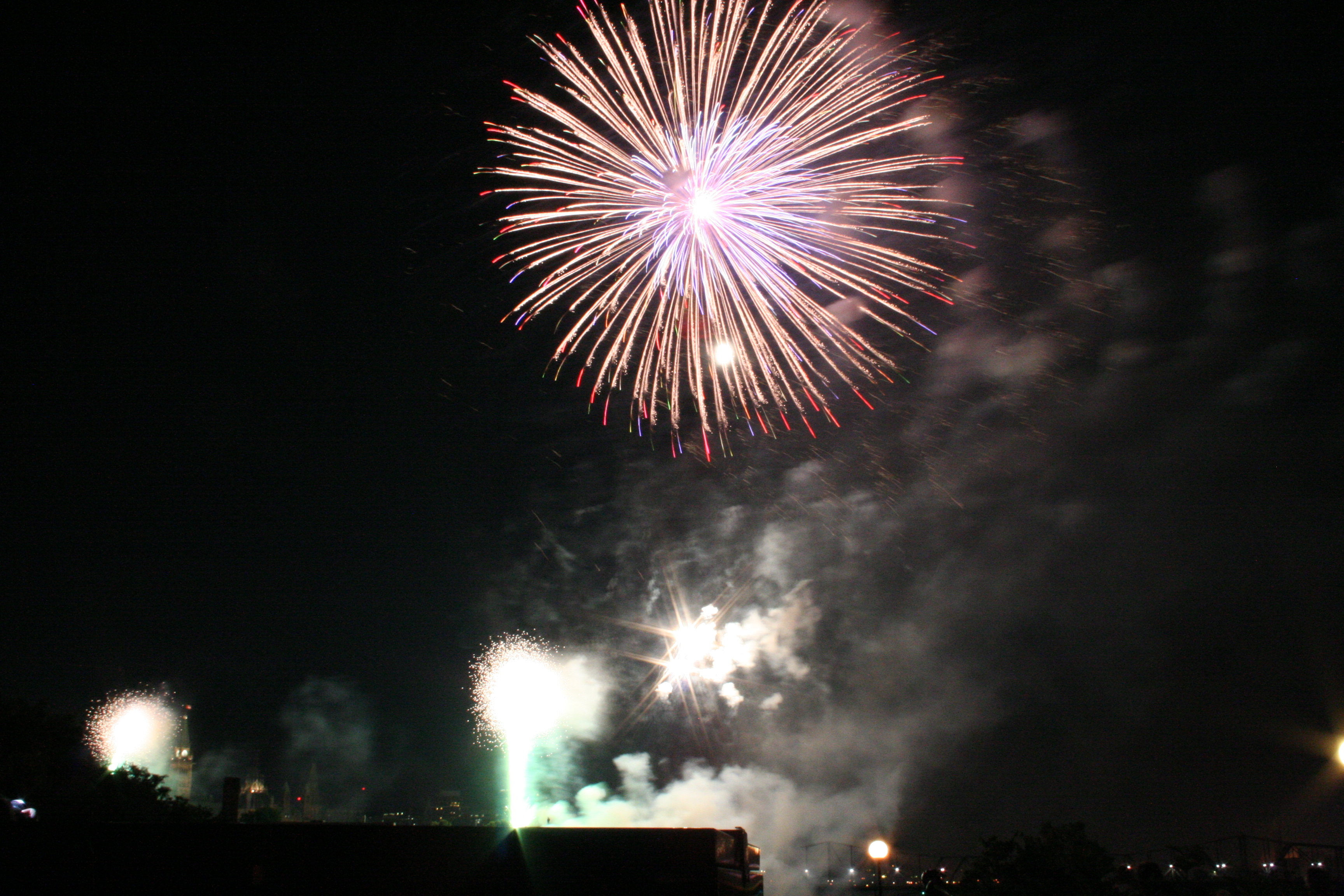 Fireworks from Rideau Falls Park in Ottawa, Ontario.